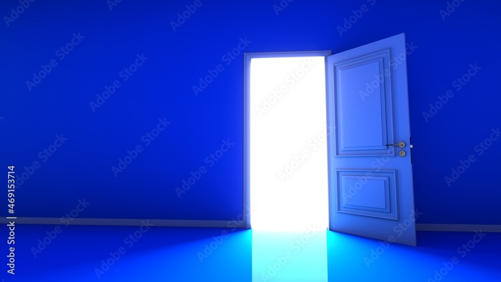 Blue Room with the door open for a sky. Door to heaven. 3D Rendering.
Blue Room with the door open for a sky. Door to heaven. 3D Rendering.