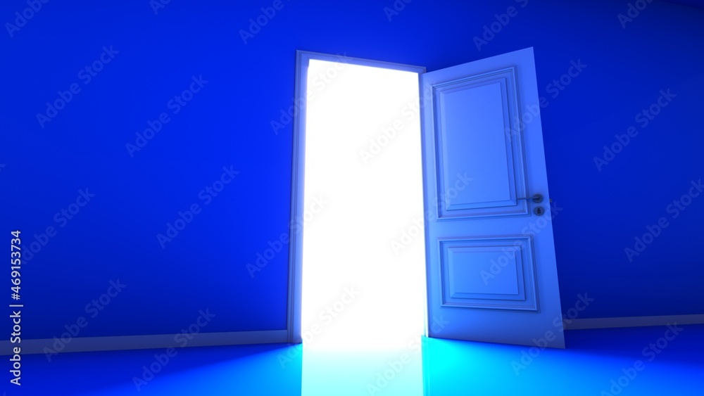 Blue Room with the door open for a sky. Door to heaven. 3D Rendering.
Blue Room with the door open for a sky. Door to heaven. 3D Rendering.