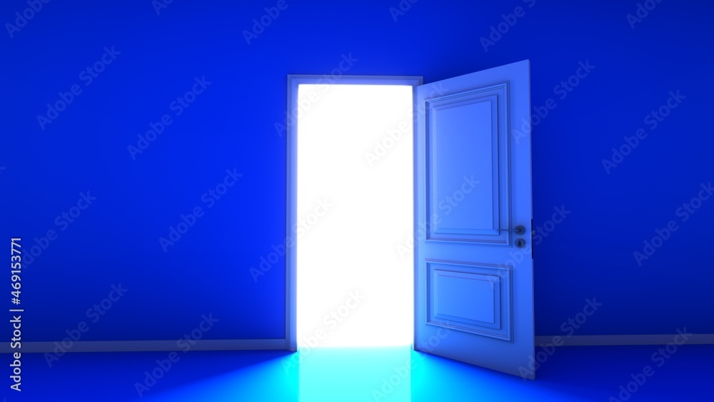Blue Room with the door open for a sky. Door to heaven. 3D Rendering.
Blue Room with the door open for a sky. Door to heaven. 3D Rendering.