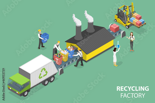 3D Isometric Flat Vector Conceptual Illustration of Recycling Factory, Reducing Pollution and Saving Planet with New Recycling Technologies