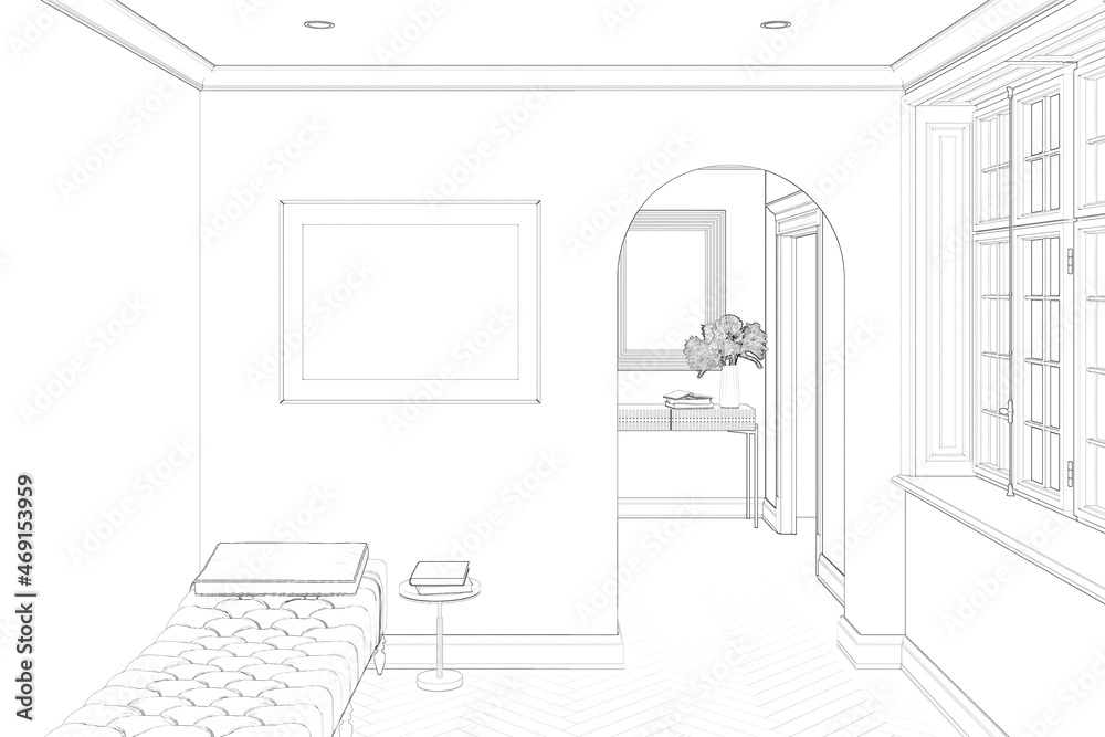 Sketch of the modern-classic interior with blank horizontal poster, the coffee table next to the couch, arch near the window, mirror above the console in the background. 3d render