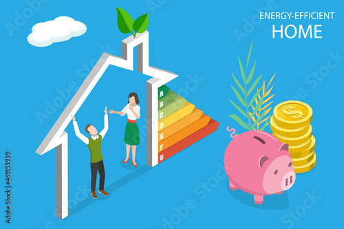 3D Isometric Flat Vector Conceptual Illustration of Energy-Efficient Home, Eco Friendly House Diagram