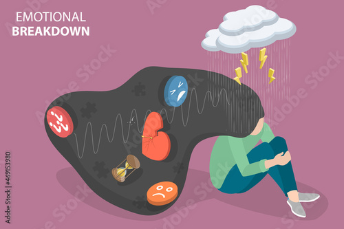 3D Isometric Flat Vector Conceptual Illustration of Emotional Breakdown, Frustrated and Depressed Girl with Confused Thoughts
