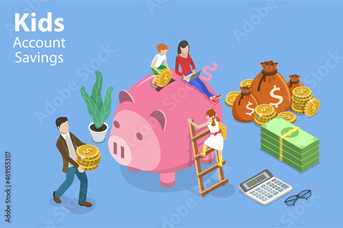 Carta da parati 3D Isometric Flat Vector Conceptual Illustration of Kids Savings Account, Invest