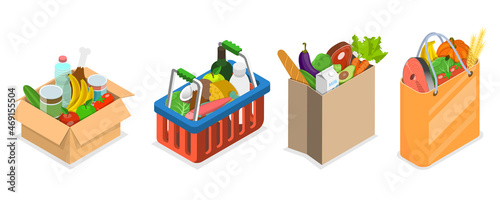3D Isometric Flat Vector Conceptual Illustration of Grocery Bundles Set, Different Shopping Bags with Supermarket Foods