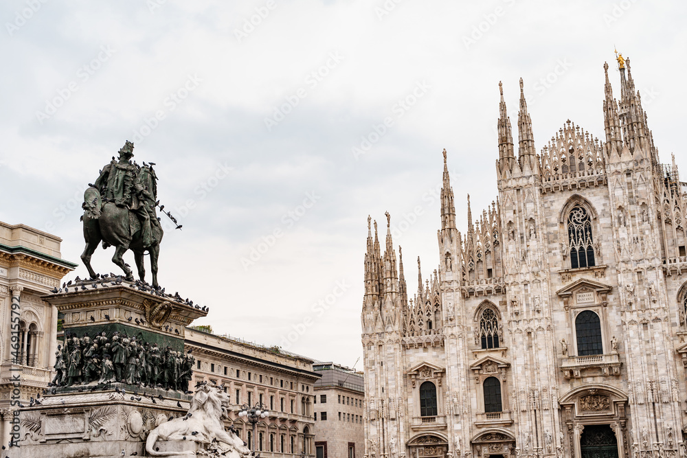 Statue in the square in front of the Duomo Cathedral. Italy, Milan