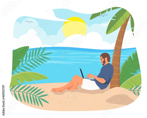 Freelance people work in comfortable conditions vector flat illustration. Freelancer character working from home or beach at relaxed pace, convenient workplace. Man and woman self employed concept