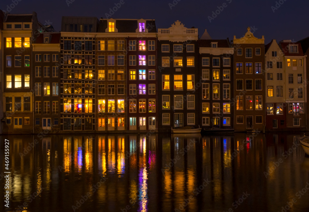 Houses on the Amsterdam Canal at Night