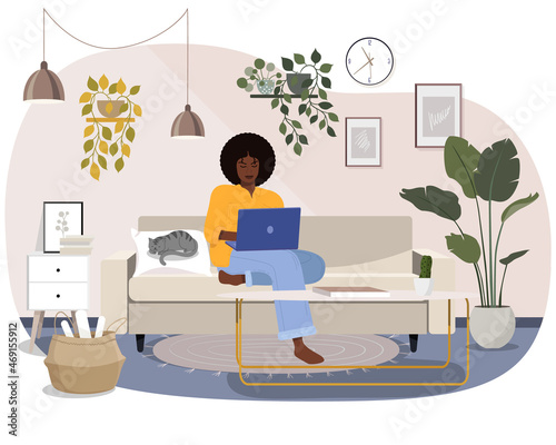 Freelance people work in comfortable conditions vector flat illustration. Freelancer character working from home or beach at relaxed pace, convenient workplace. Man and woman self employed concept