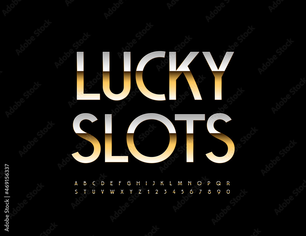 Vector premium banner Lucky Slots with elegant Alphabet Letters and Numbers. Gold glossy Font
