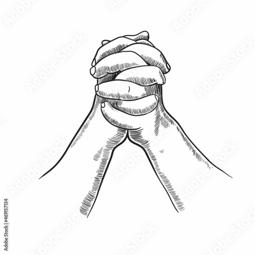 Praying hands isolated on a white background. Vector stock illustration of hands during prayer. Hand drawn image.
