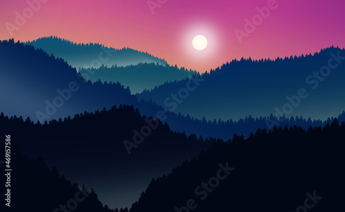 Dawn over deep forests.