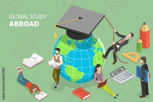 3D Isometric Flat Vector Conceptual Illustration of Global Study Abroad, International Student Exchange Program