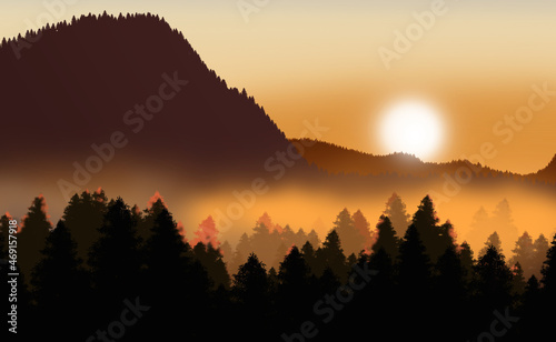 Sunrise over a quiet wooded landscape.