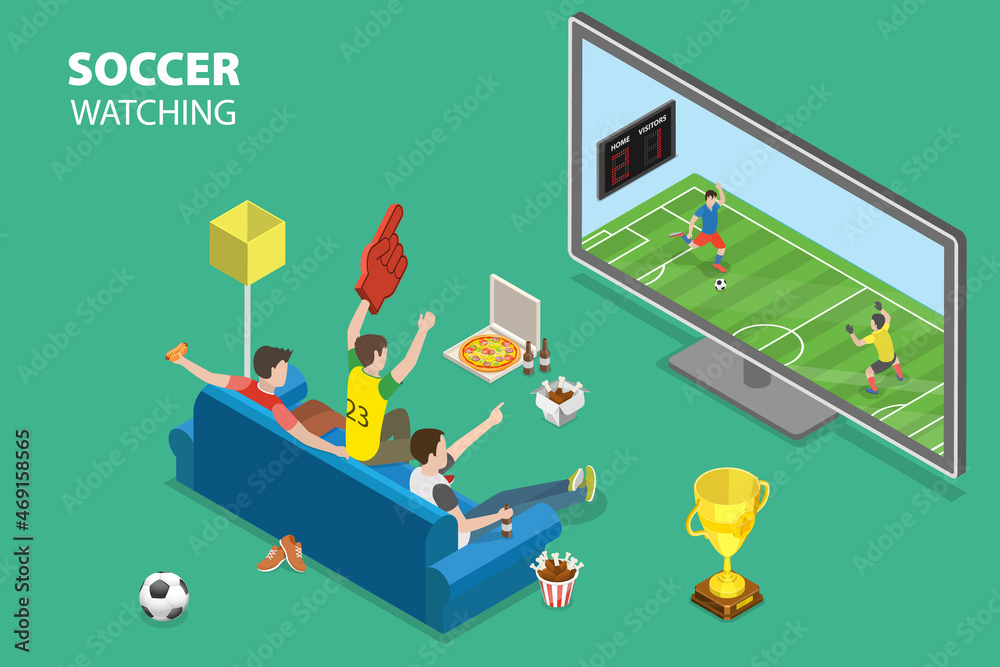 3D Isometric Flat Vector Conceptual Illustration of Soccer Watching, Football Fans Watch Game Match on TV 3D Isometric Flat Vector Conceptual Illustration of Soccer Watching, Football Fans Watch Game Match on TV