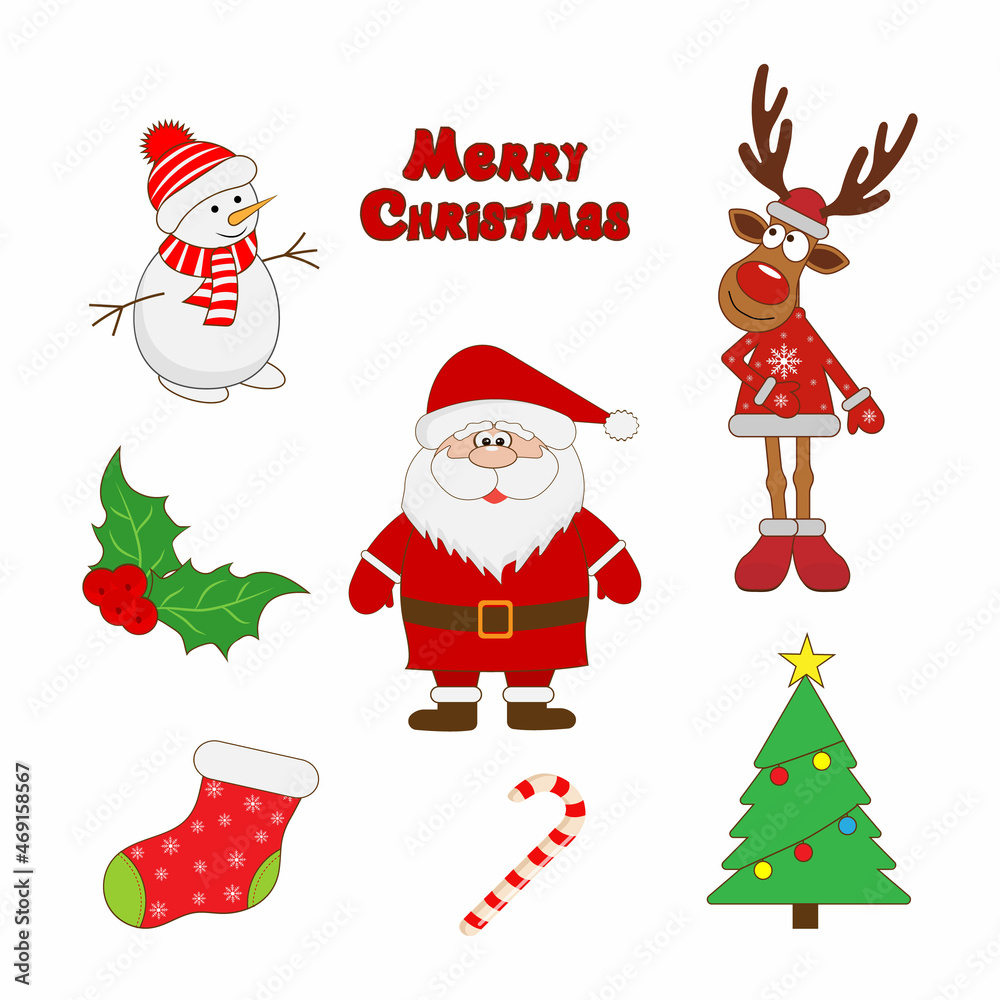 Big Christmas set. Santa Claus, deer, snowman, tree