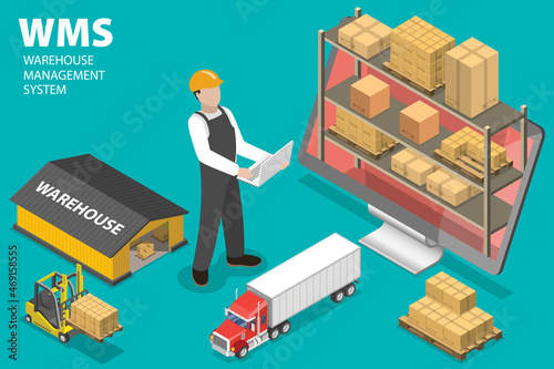 3D Isometric Flat Vector Conceptual Illustration of WMS - Warehouse Management System, Supply Chain Technologies
