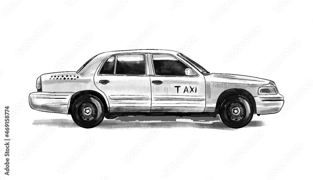 Vector hand drawn icon. Yellow taxi. Isolated on white background.
