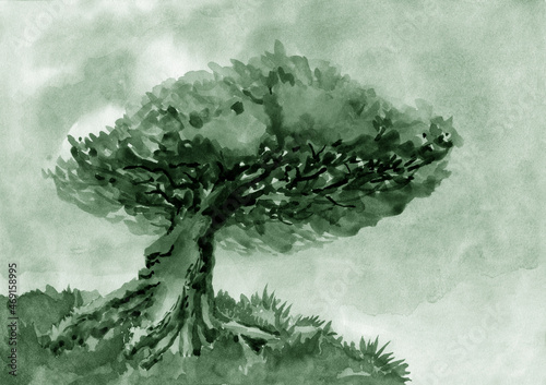 The tree stands alone on the hill. Watercolor illustration.
