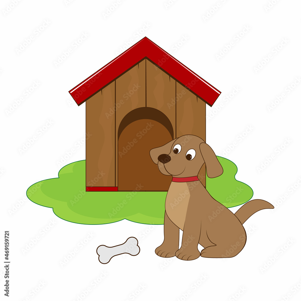 Dog pet with bone on doghouse illustration, vector illustration
