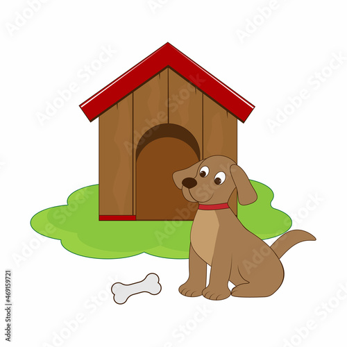 Obraz na płótnie Dog pet with bone on doghouse illustration, vector illustration w salonie