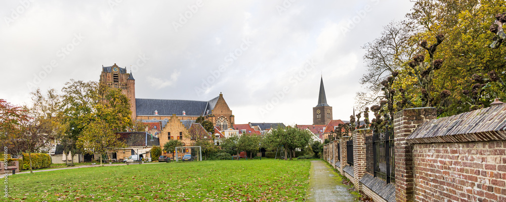 Townscape with catolic an protestant churches Wijk bij Duurstede, Utrecht in The Netherlands