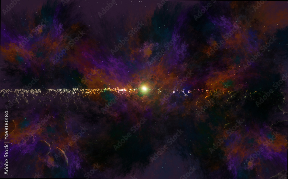Many asteroids or meteorites in the space horizon with Sun in the center. 3d render Many asteroids or meteorites in the space horizon with Sun in the center. 3d render