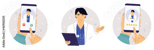 A satisfied patient leaves a good review to the Asian doctor using the mobile application. Hand rates five stars. Customer feedback online. Rating flat concept