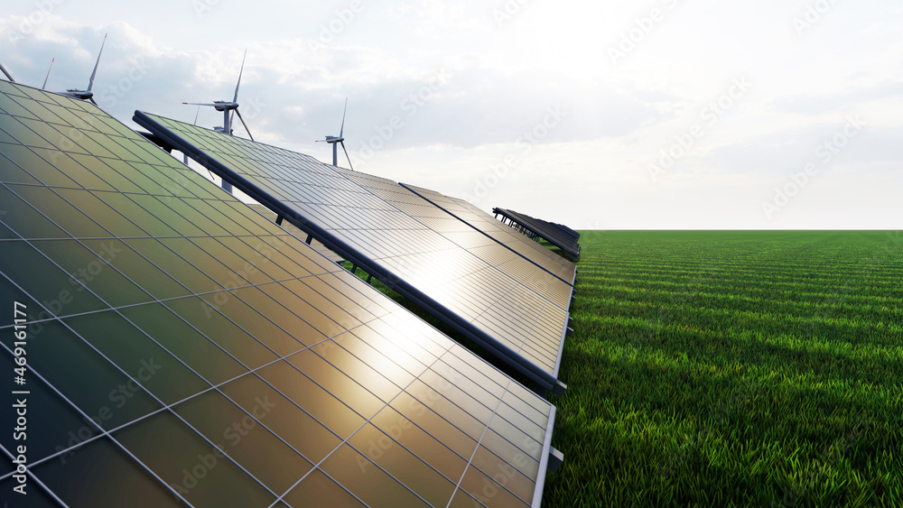 Fototapeta premium 8k Ultra HD 7640x4320. Panoramic view of wind farm or wind park, with high wind turbines for generation electricity with copy space. green energy concept. 3d rendering. 