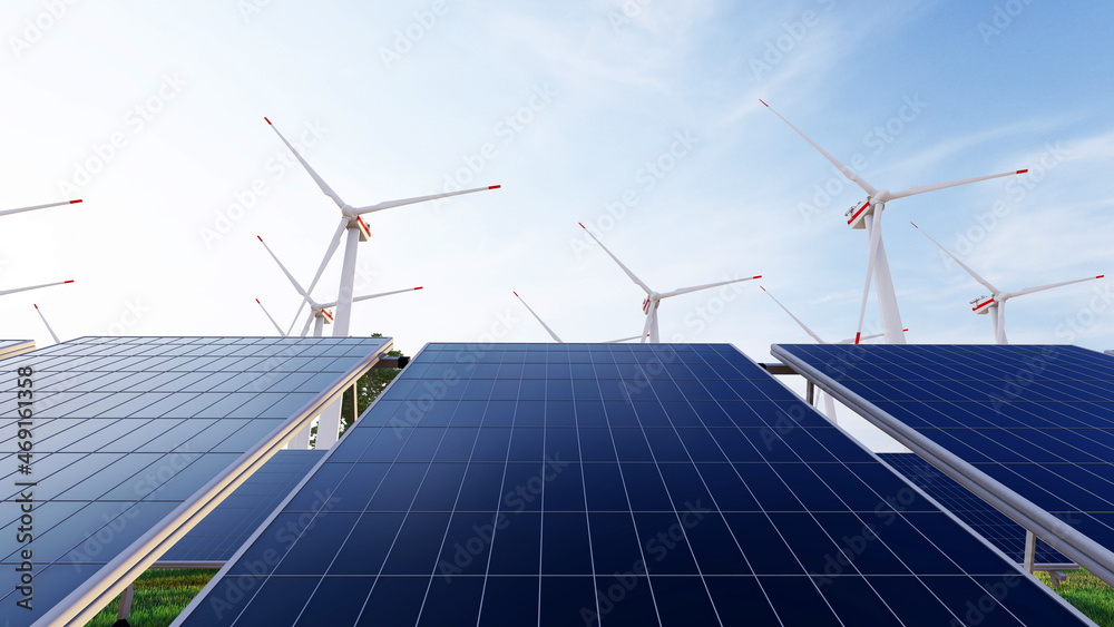 Solar Panels on the Green Fields Under Bright Sun 3d rendering. Solar Panels on the Green Fields Under Bright Sun 3d rendering.