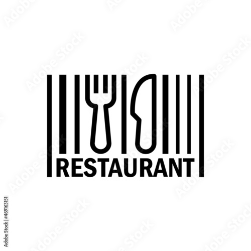 Logotipo con texto Restaurant en código de barras con silueta de tenedor y cuchillo con líneas en color negro