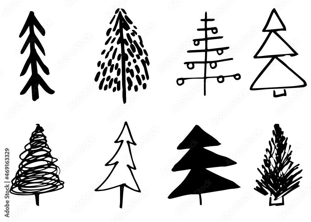 Obraz premium Doodle hand drawn Christmas trees set, vector, isolated on white background
