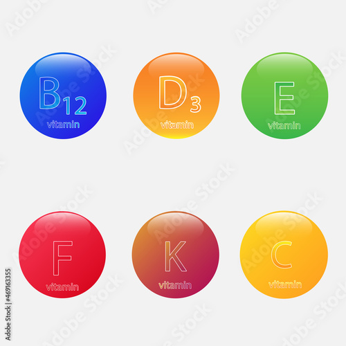 A set of colorful icons on the theme of vitamins. Vitamins D 3, C, K, B 12, F.