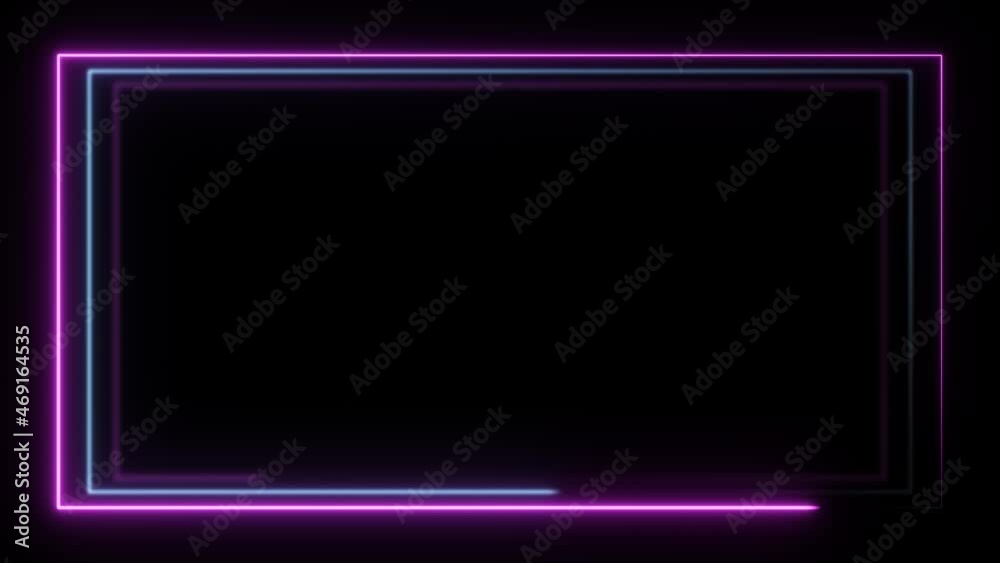 Animated pink blue neon glowing frames background. Bright vibrant seamless loop animation of 4K border. Futuristic light effect isolated on black backdrop fit for show, presentation, music, promotion