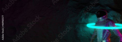Astronaut with Colorful Visor and White Spacesuit with Turquoise Moody 80s lighting Front, Neon Circle. 3D Rendering.