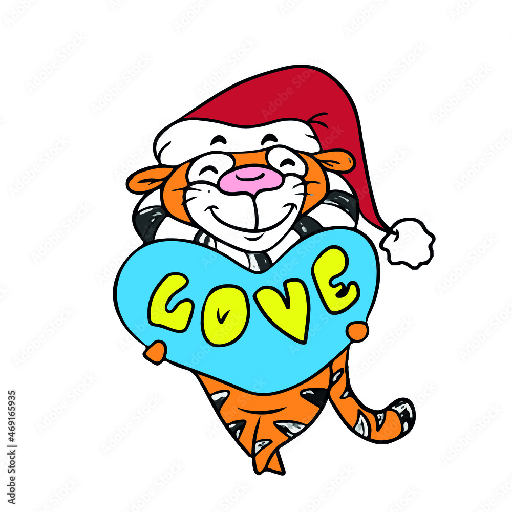 Funny tiger holding a heart, vector design for stickers on a social network. . Funny tiger holding a heart, vector design for stickers on a social network. .