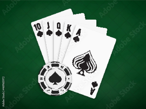 Royal Flush of Spades. Poker combination royal flush on a green realistic cloth with a black playing chip.