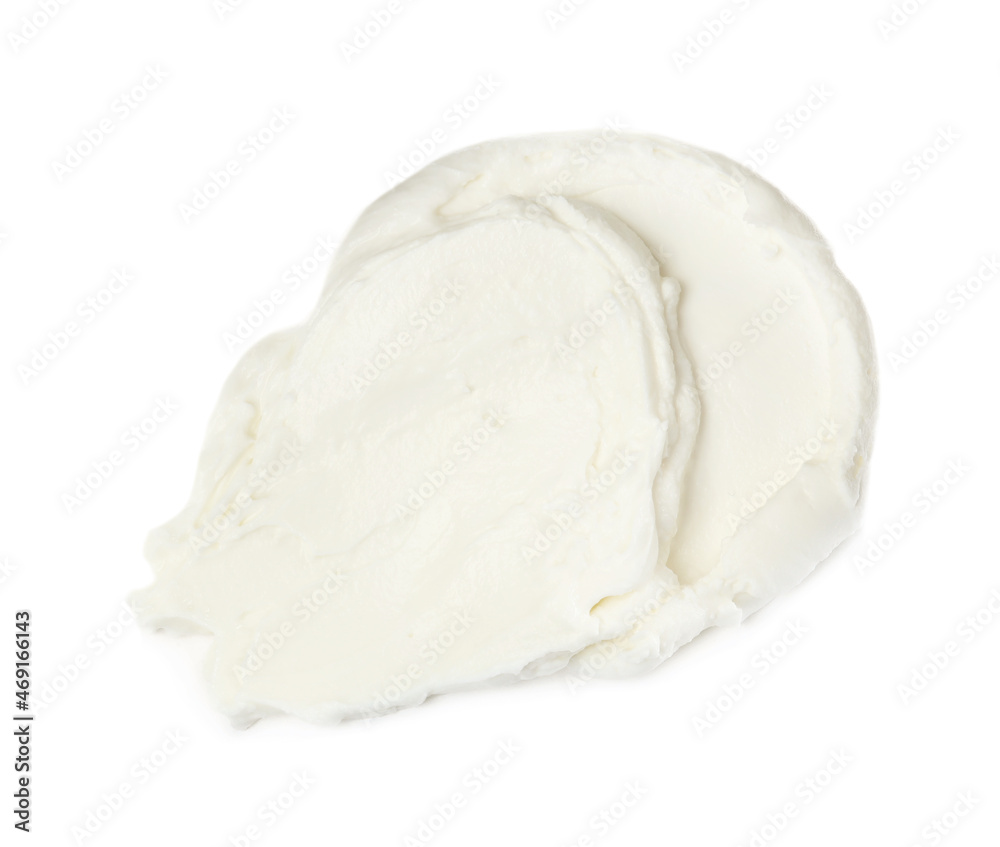 Smear of delicious cream cheese isolated on white, top view