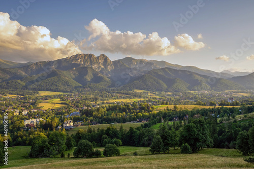 Winter Landscape Of Poland Tatra Mountains & Giewont Peak. View At Most Famous Polish Ski Resort Zakopane From The Top Of Gubalowka, Against the Peaks of High Tatras Mountains.