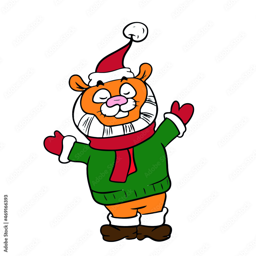 Funny tiger in a sweater and a Christmas hat, vector design for stickers on a social network.