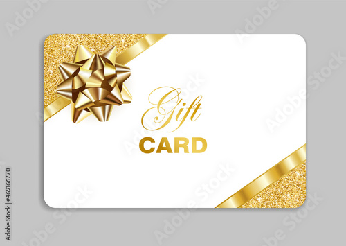 Gift card with golden bow and glitter texture border isolated on grey background. Holiday template with place for text. Vector illustration.