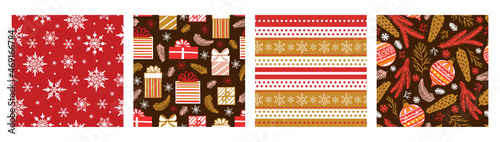 Christmas and New Year seamless patterns set with snowflakes, gifts, balls, floral elements. Vector illustration.