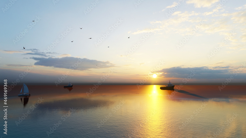 Colorful sunset above the sea surface with sail boats, aerial view. Reflected sun on a water surface. Sunset over ocean. Seascape, Summer and travel vacation concept. 3d rendering. Colorful sunset above the sea surface with sail boats, aerial view. Reflected sun on a water surface. Sunset over ocean. Seascape, Summer and travel vacation concept. 3d rendering.