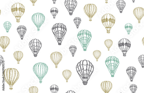 Hot air balloons flying, Hand drawn illustration.	
