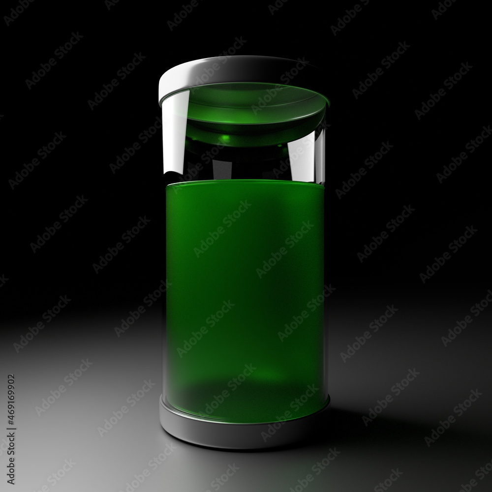 Radiation banks. Radioactive materials stored in a green liquid.