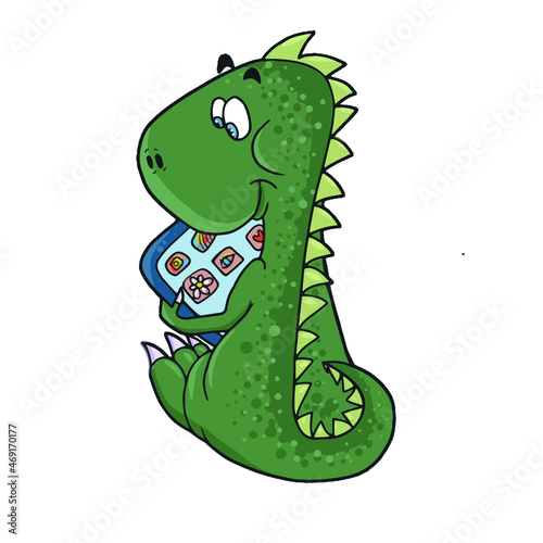 Funny dinosaur was delayed in viewing behind the tablet , vector design for stickers on the social network.