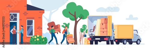 Loading and transportation service. People relocation. Movers take out furniture from home. Trucks with household goods. Workers carry cardboard boxes to lorry. Vector moving concept