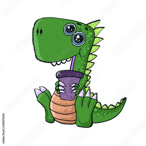 Funny dinosaur with cute eyes drinks a cocktail ,vector design for stickers on the social network