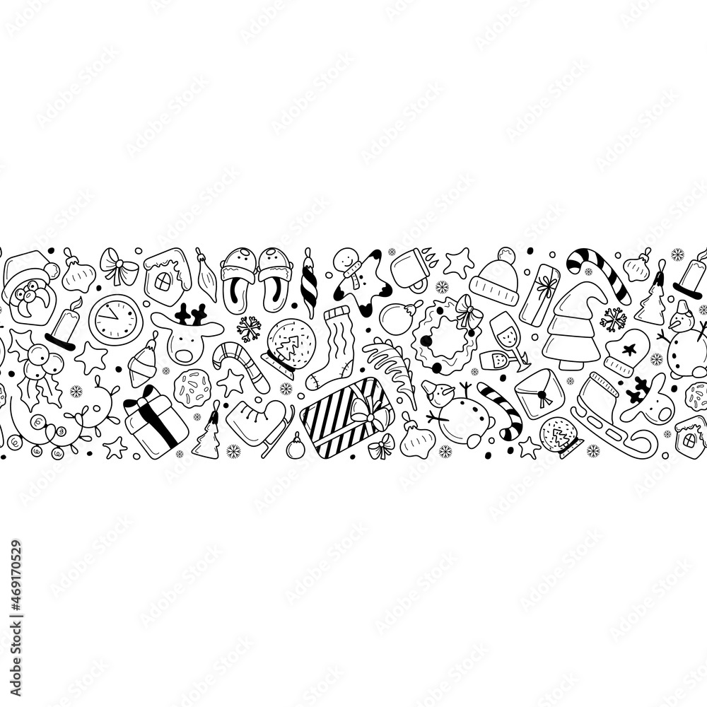 Black and white seamless pattern with doodle outline Christmas and New Year items. Vector illustration. Hand-Drawn.