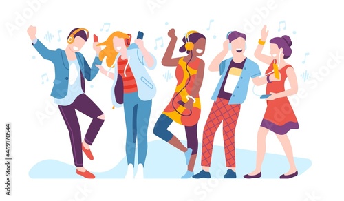 People listen to music. Young characters group with headphones and smartphones. Teenagers disco dancing. Audio players and headsets. Students party. Musical entertainment. Vector concept